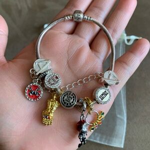 Pandora Snake Chain Bracelet Jewelry Heart Clasp w/ Marvel Avengers Theme Charms